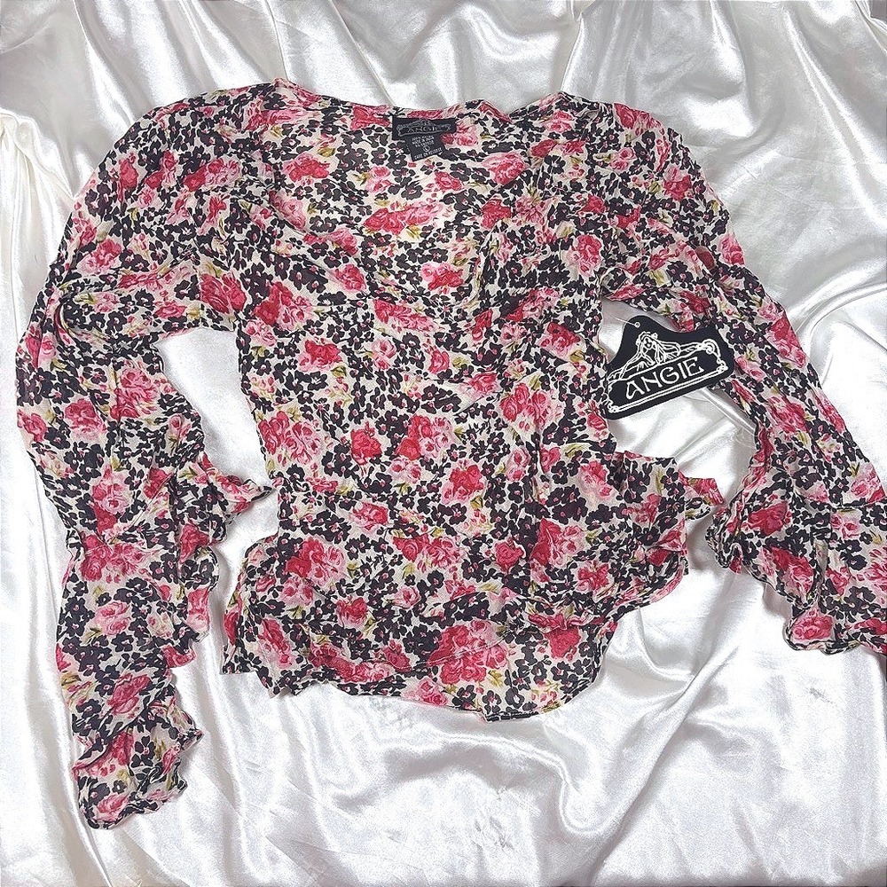 y2k Wrap Top Pink New Angie Floral Ruffle Sequin Long Sleeve Blouse